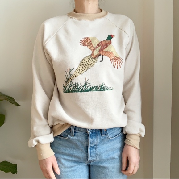 Vintage Tops - Vtg 90s Crewneck Pheasant Animal Print Beige M